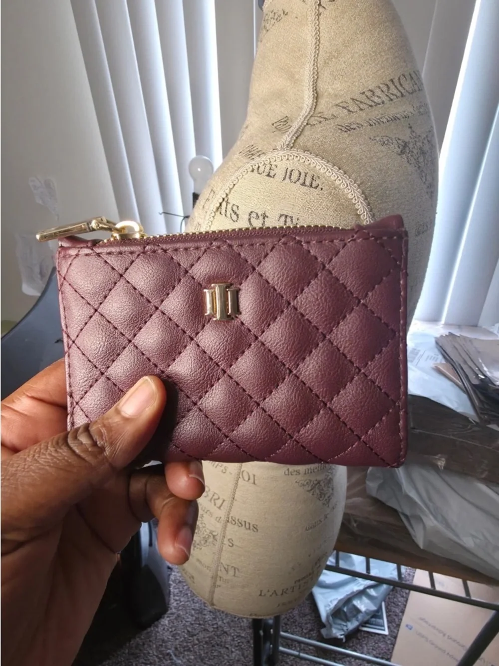 Quilted Zip Card Case in Deep Berry with Gold Hardware
